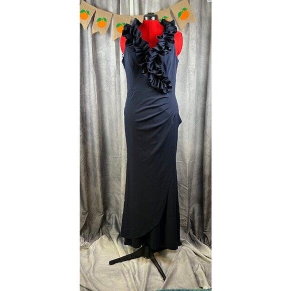 Xscape Dresses & Skirts - Xscape "Sammy" Long Navy Blue Scuba Crepe V-Neck Ruffle Gown Size 16 $299